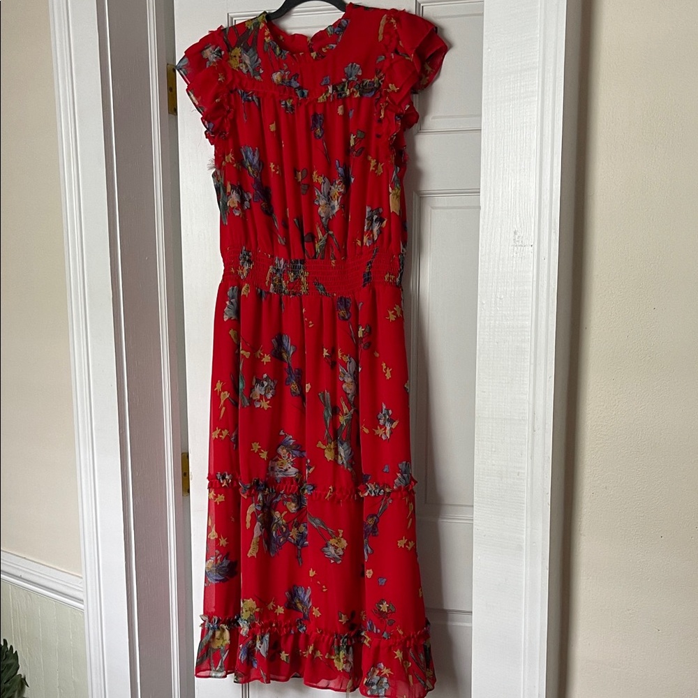 CeCe Red Floral Ruffled Smocked Waist Midi Dress